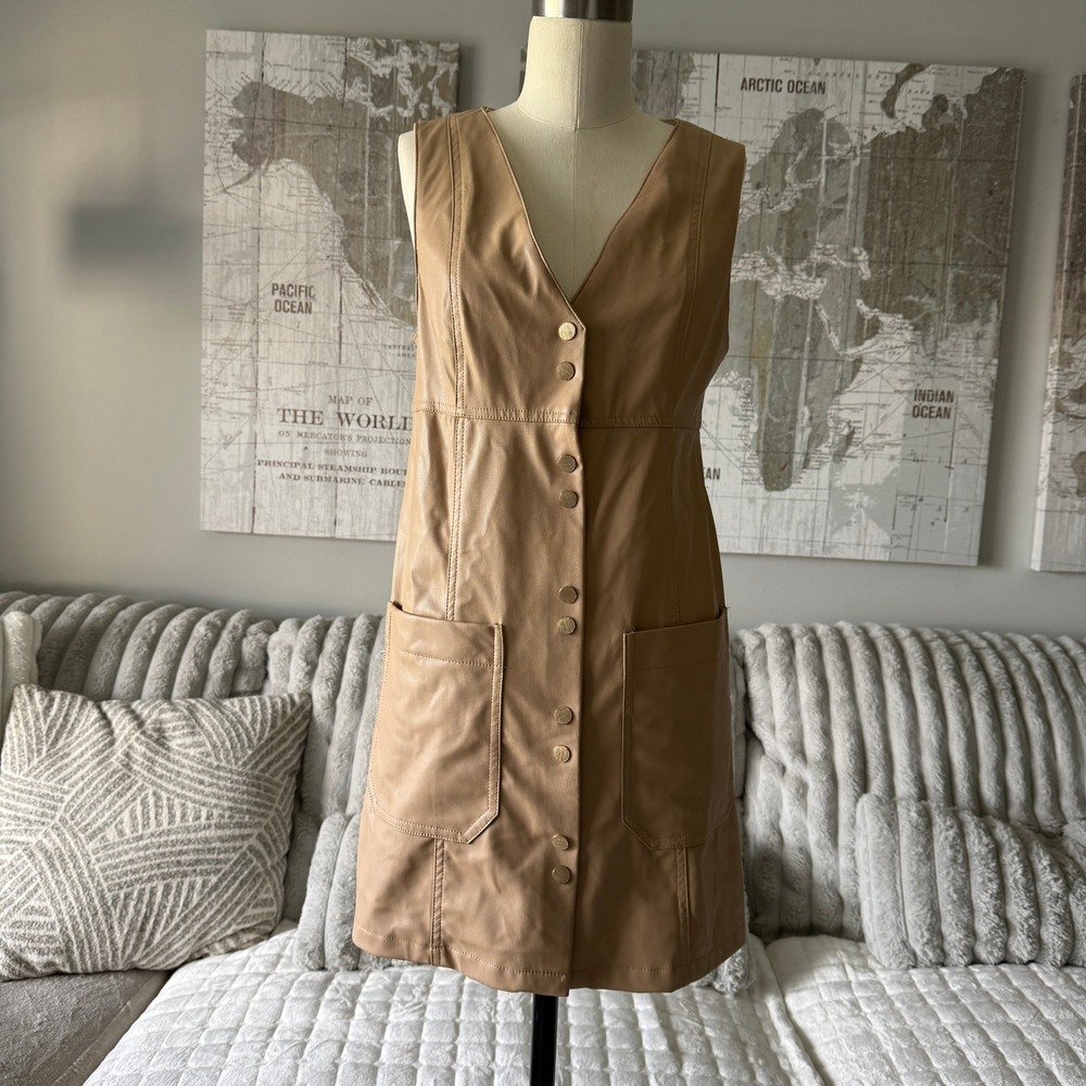 Zara Tan Faux Leather Button Front V-Neck Mini Dress with Pockets Sleeveless XS
